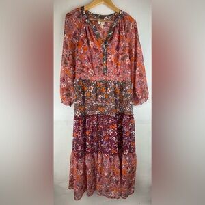 Fig and Flower Maxi Dress Women’s L Floral Mixed Print Tiered Long Sleeve